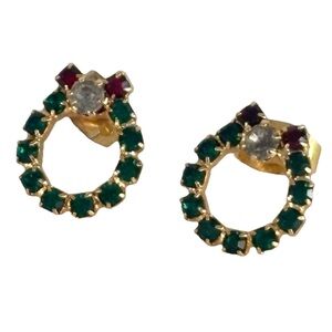 Small Christmas Wreath Gold Tone & Rhinestone Earrings